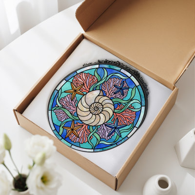 Nautilus Shell Stained Glass Window Panel，7.8H