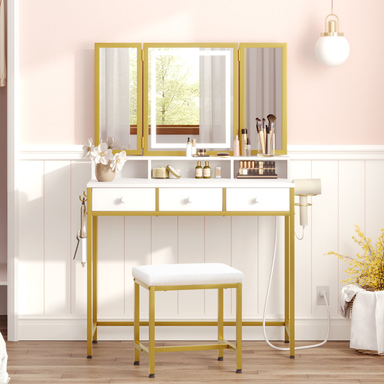 Walene Vanity Desk Set with LED Lighted Mirror and Power Outlet 17 Stories Color (Top/Frame): White/Gold