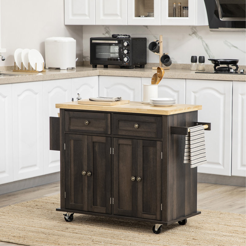 Îlot de cuisine sur roulettes, chariot roulant avec plateau en bois, support à épices, porte-serviettes et tiroirs pour la salle à manger