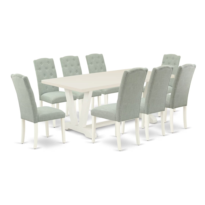 Ensemble de table 9 pièces - 8 chaises de cuisine avec siège en lin bleu bébé et dossier capitonné à boutons - Plateau de table rectangulaire en ciment - Lin brossé blanc.