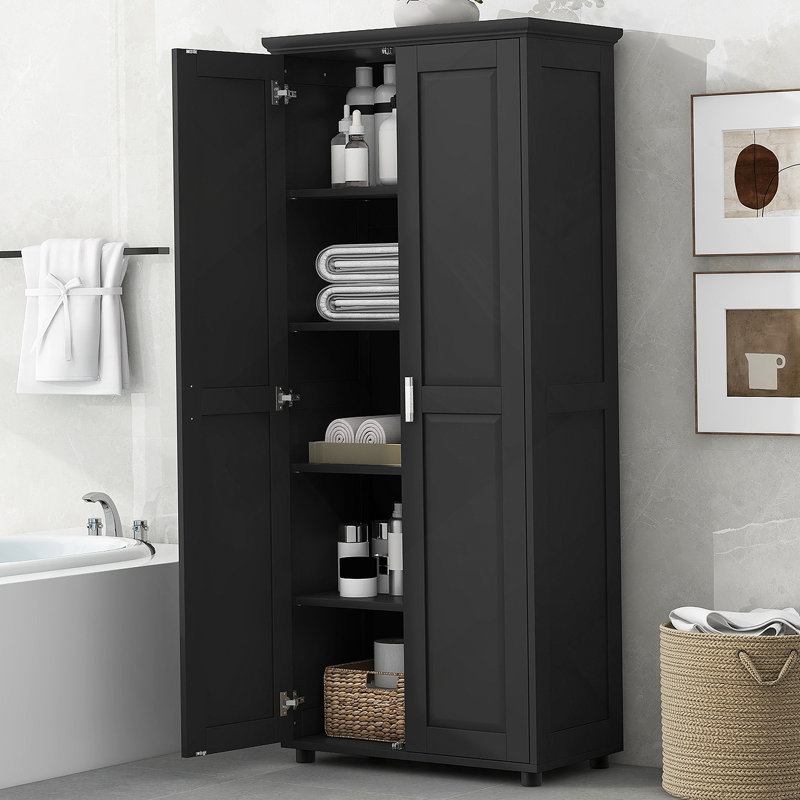 Armoire de rangement avec deux portes pour salle de bain, bureau, tablette réglable, panneau de fibres à densité moyenne, noir