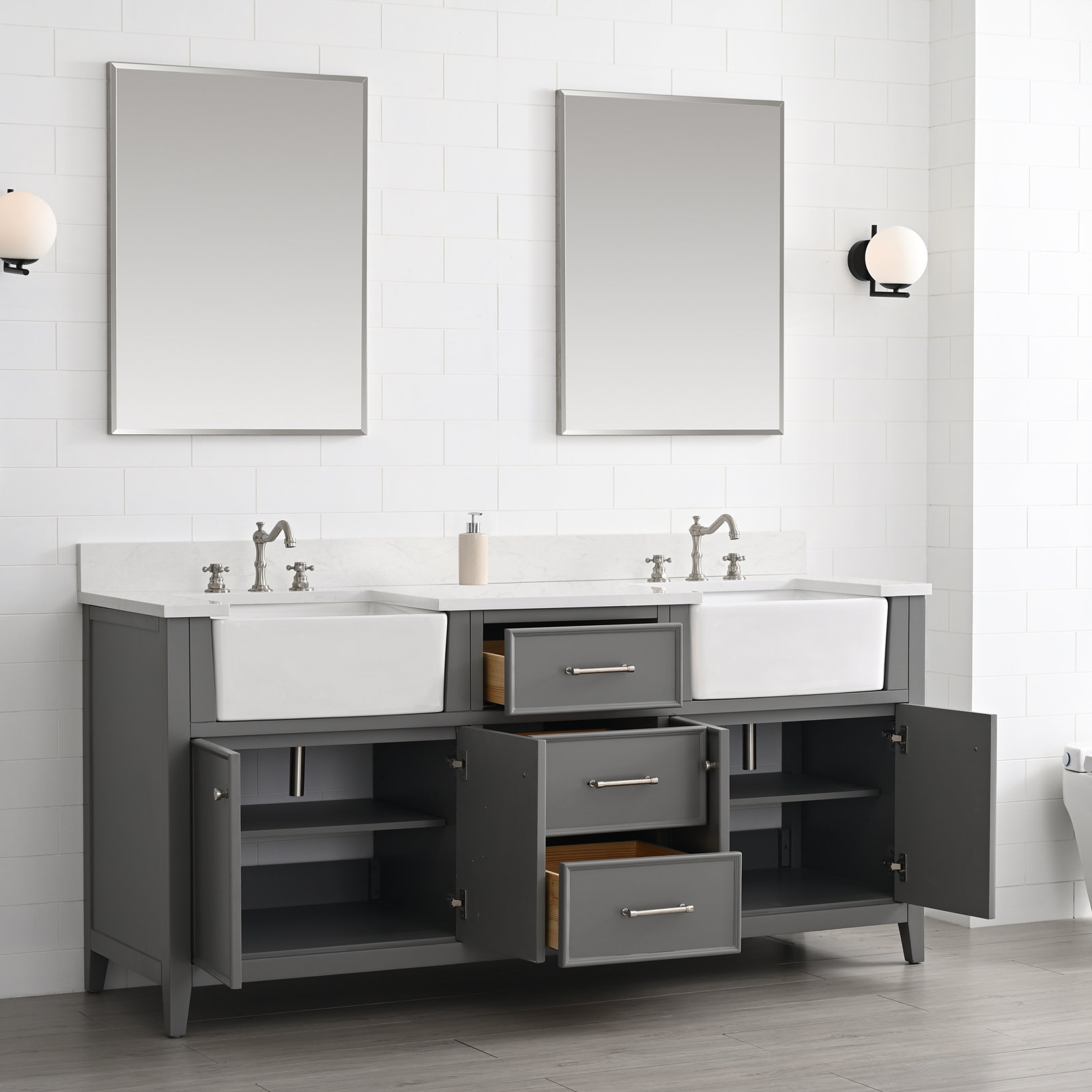 Aisa 72" Pine Double Bathroom Vanity, Gray/Brushed Nickel