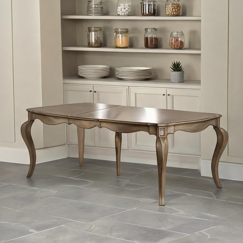 Table de salle à manger rectangulaire extensible avec rallonge de 45 cm, 6 à 8 couverts, pieds cabriolet, finition taupe