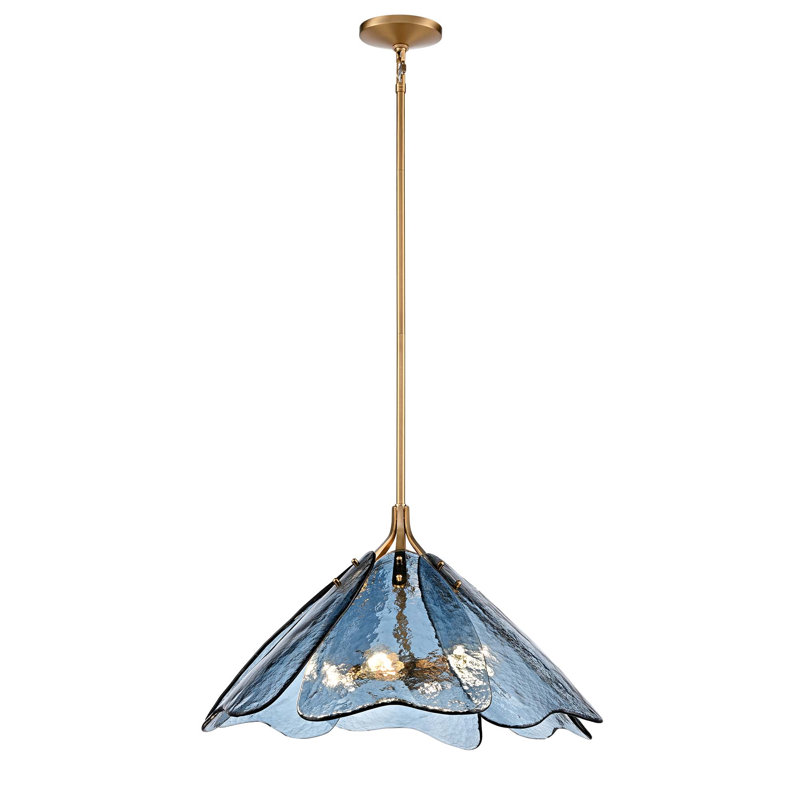 Suspension Florenza de 71 cm (28 pouces) en laiton satiné et verre bleu, H 14 po x l 28 po x P 28 po, 6 lumières