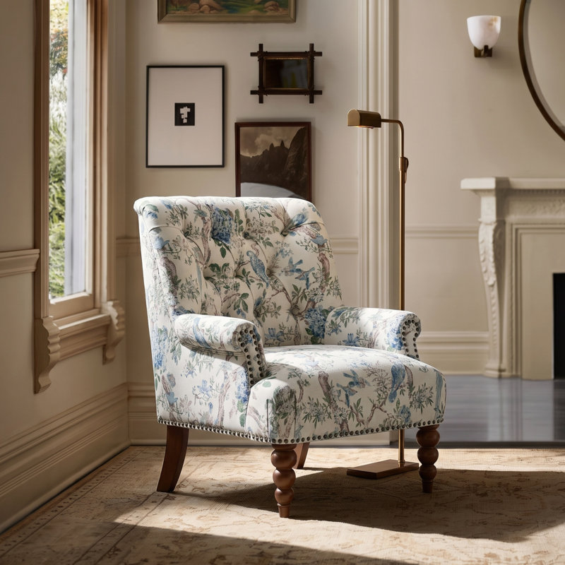 Plath 31"W Transitional Floral Rolled Arm Chair with Nailhead Trim, Bird