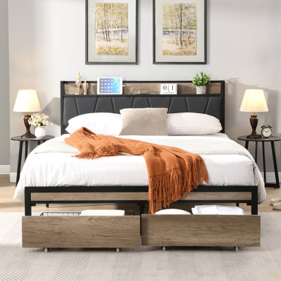 Base de lit plateforme pleine grandeur en métal avec tête de lit avec fonction de rangement rembourrée, doublure USB et pied de lit avec tiroirs, aucun sommier nécessaire, grand rangement sous le lit, assemblage facile
