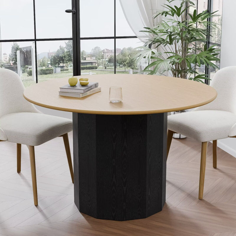 Table de salle à manger 46 "à deux tons ronde en chêne avec piédestal en bois massif Table de salle à manger moderne pour 4 personnes