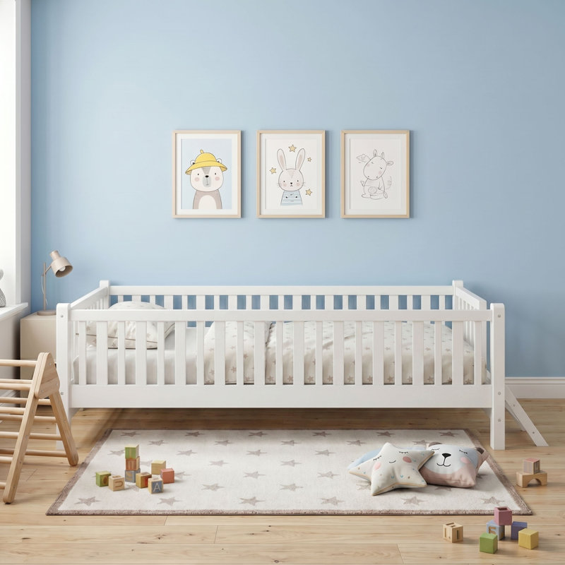Twin Wood Platform Bed with Guardrail, White