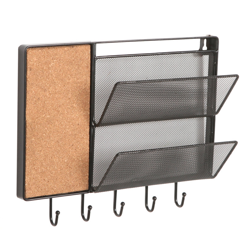 Wall Mail Organiser with Wall Baskets, Key Hooks and Cork Board