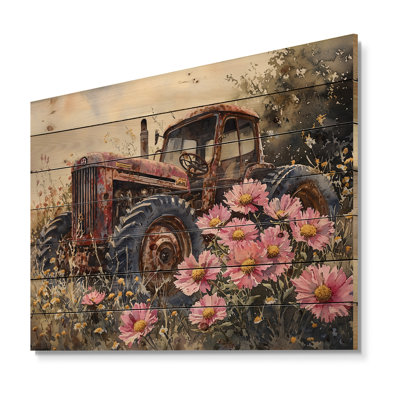 Daisies By The Farm Tractor I - Daisies Wood Print - On Natural Pine Wood