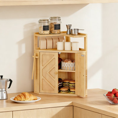 Boîte à pain en bambou avec tablette amovible et porte-pince, boîte de rangement de pain de coin à 2 niveaux pour rangement de cuisine et garde-manger