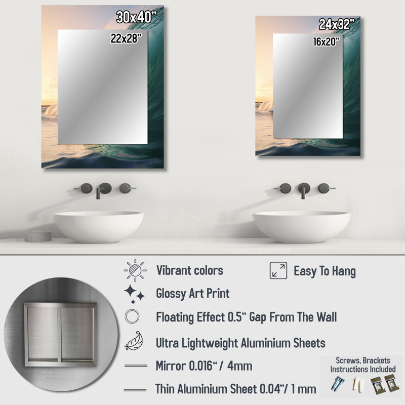 Turquoise Power of Ocean Wave IV - miroir mural décoratif côtier, miroir turquoise, impression sur métal, 32 po x 24 po