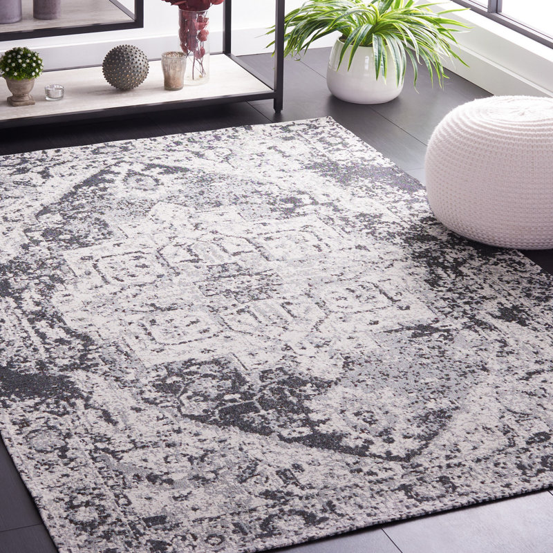 Modern Washable Black and Green 4' x 6' Wool-Cotton Blend Rug