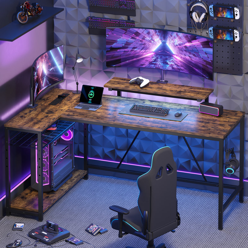 Baford L-Shaped Computer Desk with Power Outlet, Gaming Table with Monitor Stand and Shelves, 91.4cm H x 147cm W x 80cm D