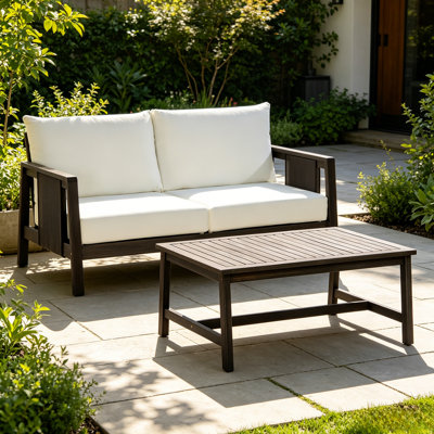 Ensemble 2 pièces de causeuse et de table basse d'extérieur en bois d'acacia avec coussins hydrofuges