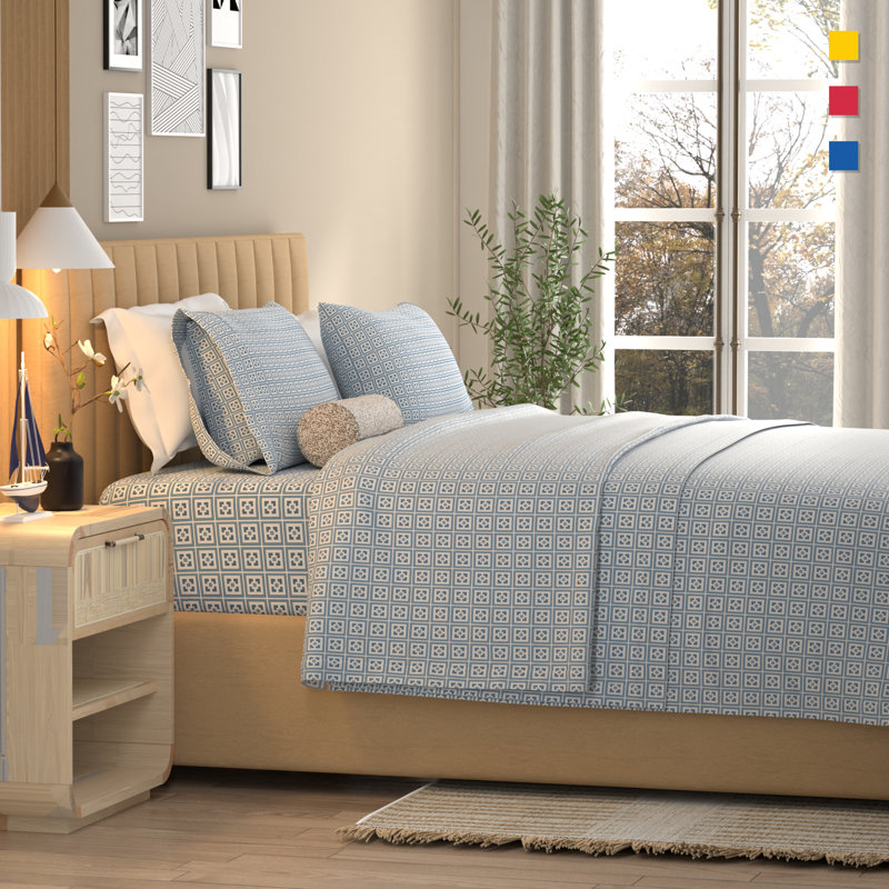 100% Cotton Lightweight Percale Weave Sheet Set, King Sheet Set with 2 Pillowcases, Greek Key Blue Abstract