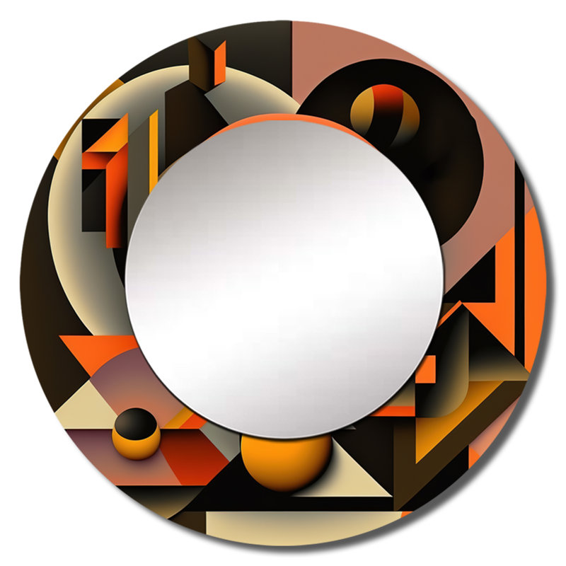 Porshae Multicolor Geometric Orange Shapes I - Geometric Large Mirror, Modern Decorative Wall Mirror, Printed Metal Art