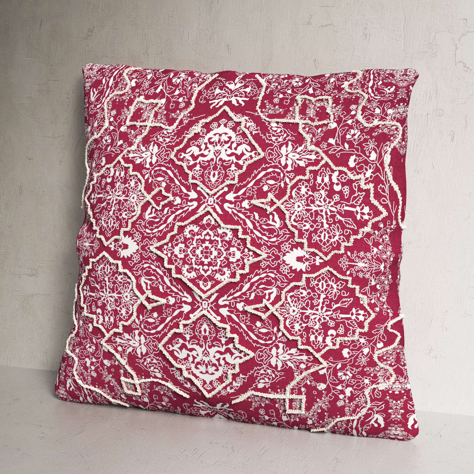 Caitlyn Embroidered Linen Throw Pillow, 18" H x 18" W x 0.2" D, Red/Neutral, No Fill