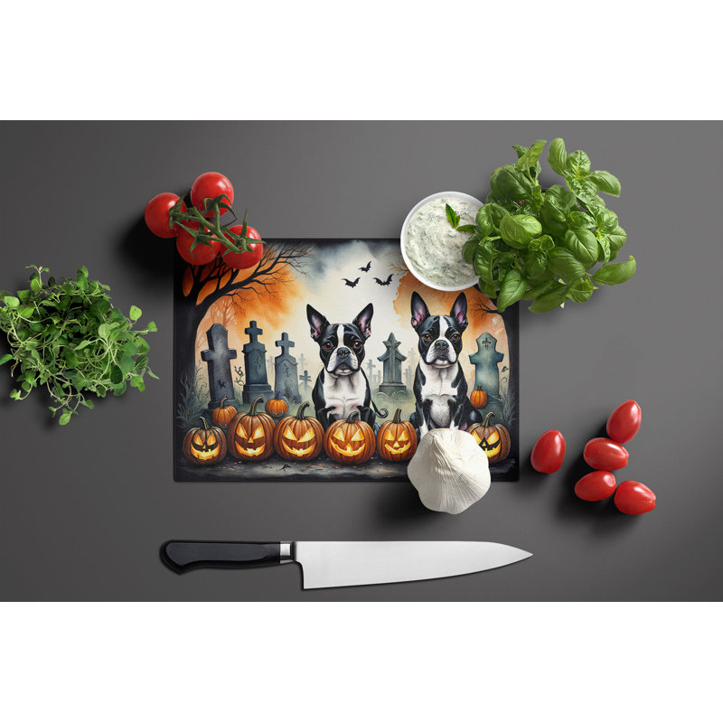 Boston Terrier Spooky Halloween Glass Cutting Board Large