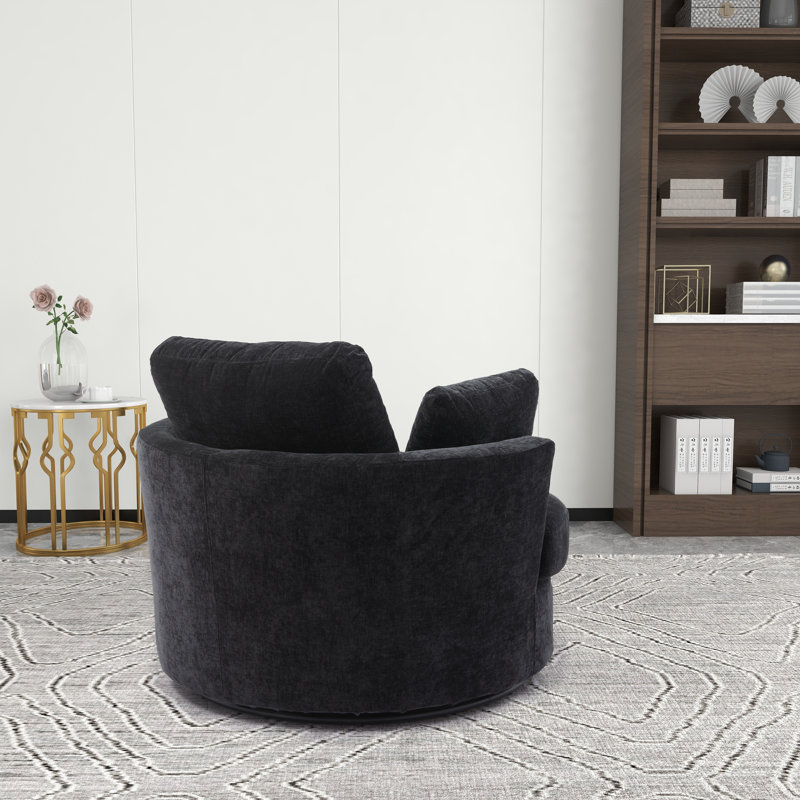 Chemaia Black Polyester Swivel Barrel Chair with Recessed Arms