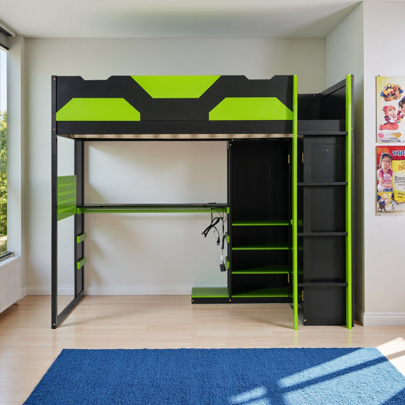 Lit mezzanine double en bois avec bureau, Vert