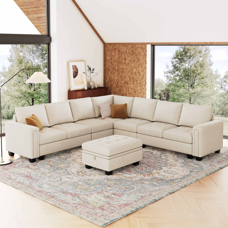 Shavera 7 - Piece Large L Shaped Velvet Modular Sofa Living room Corner Sofa Sectional Couch with Storage Ottoman