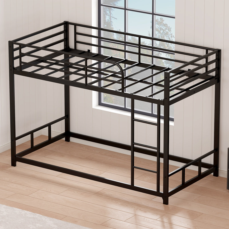 Lit superposé simple en métal avec garde-corps et échelle, L 75,98 po x l 39,76 po x H 54,33 po, métal, 1 ensemble, lit superposé, noir, structure robuste avec lattes en métal, conception peu encombrante, sans boîte Ressort requis