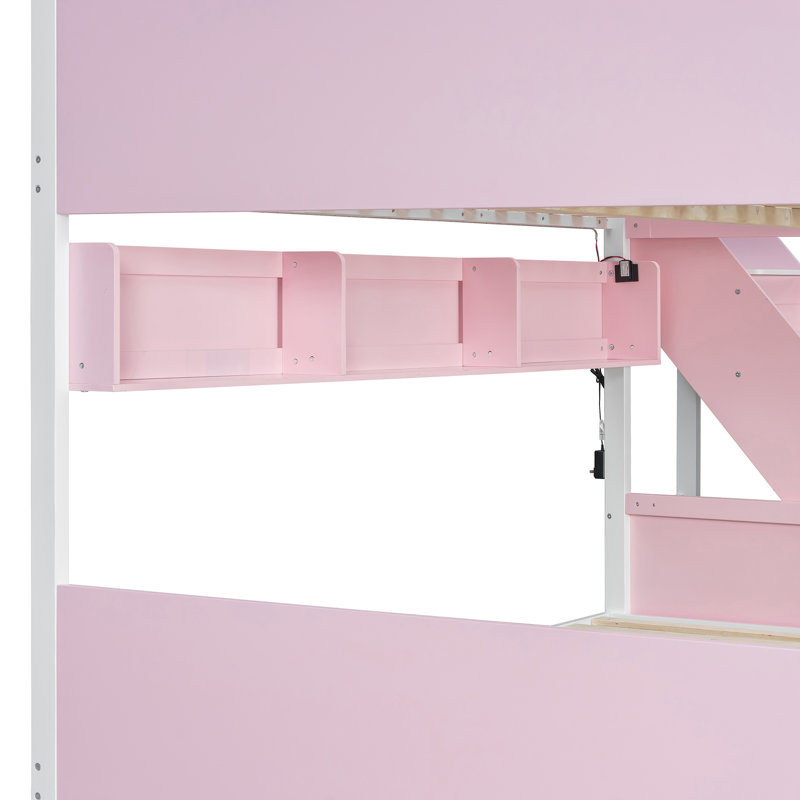 Lit double superposé au-dessus de grand lit double avec escalier à rayures et tablettes latérales, rose, Rose