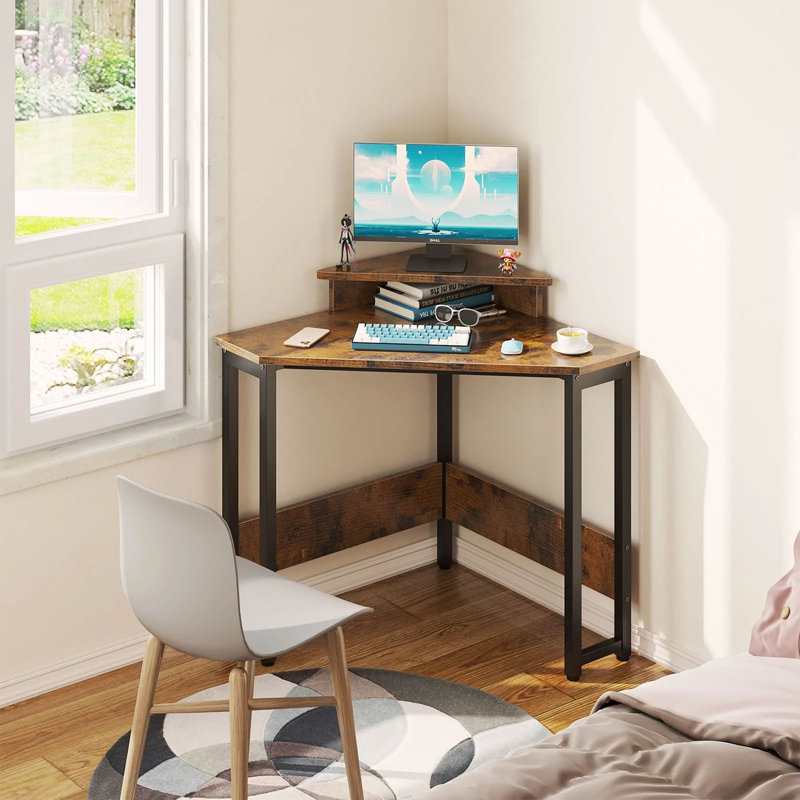 Modern Triangle Corner Computer Writing Desk w/ Monitor Stand, Rustic Brown