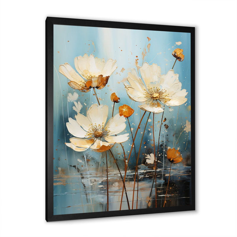 «Daisy Blossoming» en bleu sarcelle - impression, H 32 po x l 16 po x P 1 po, Cadre simple noir
