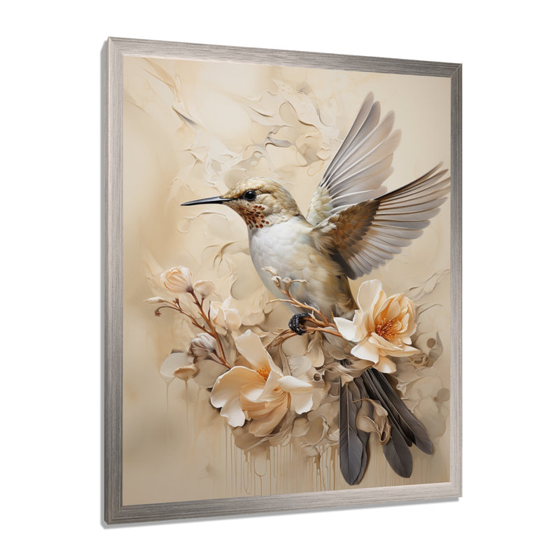 Colibri floral flottant I - Art mural colibri pour le salon, H 40 po x l 30 po x P 1,5 po, Cadre simple argenté