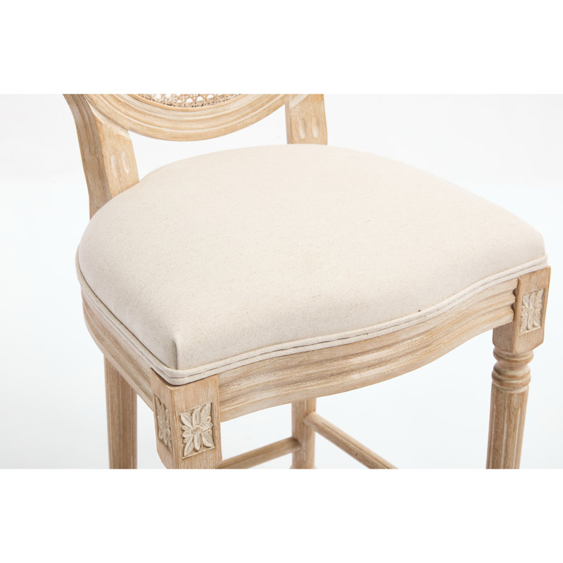 Chaises de bar rembourrées de style champêtre français de 26 po de hauteur, de 2, avec dossier, techniques de sculpture et de tréfilage, lin en coton doux, structure en bois massif, pour restaurant, beige avec rond naturel