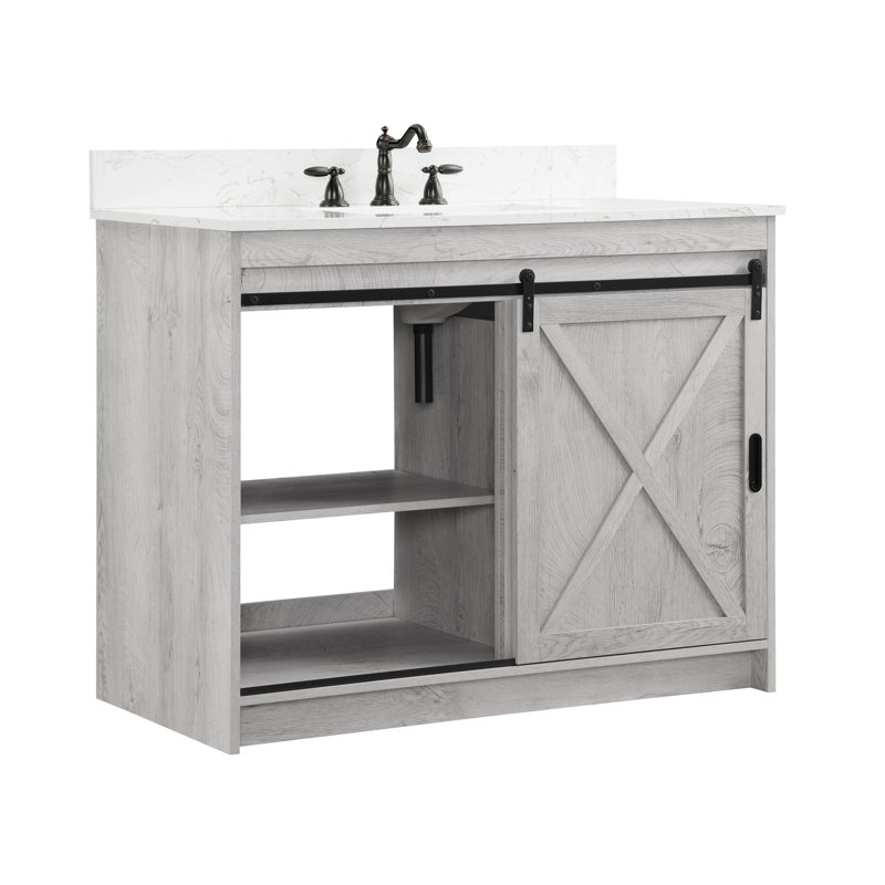 Meuble-lavabo simple autoportant en bois manufacturé l 42 po avec plateau en pierre reconstituée Jillian 