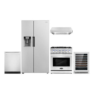 5 Piece Kitchen Package with Side by Side Refrigerator & 30 Gas Range