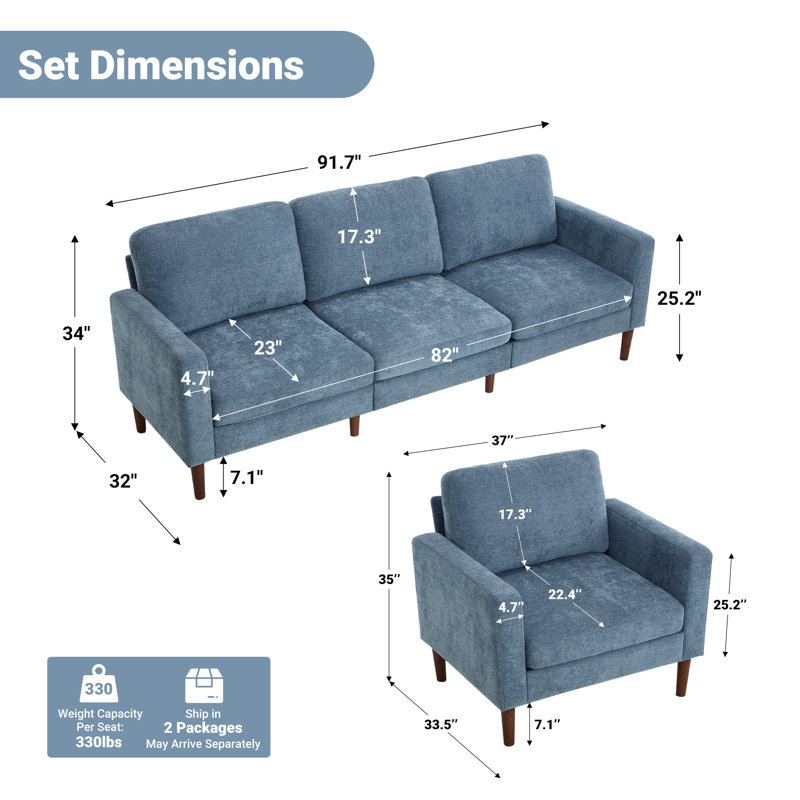 Ensemble de salon et de chaise d'appoint moderne rembourré et canapé 3 places, mobilier Mid-Century, Chenille bleu clair