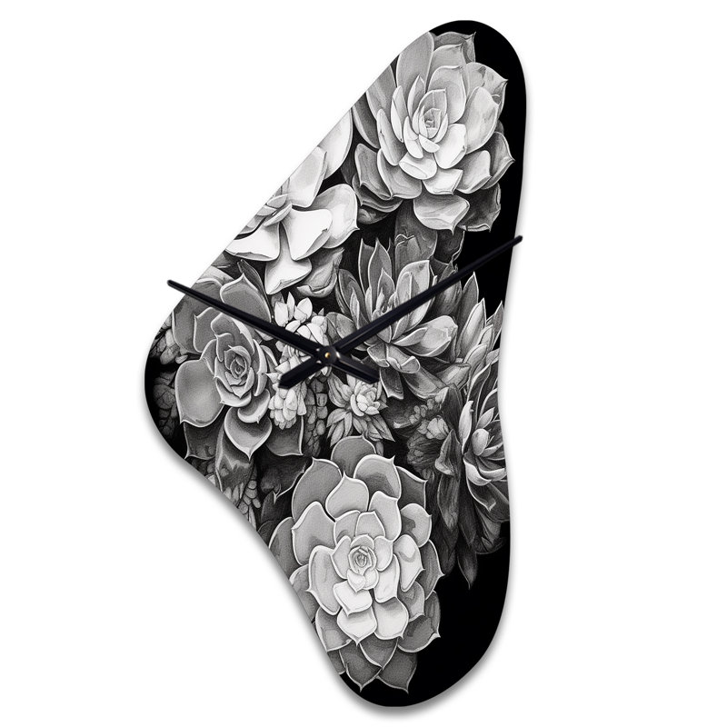 Horloge murale asymétrique florale grise, noire et grise, Médium