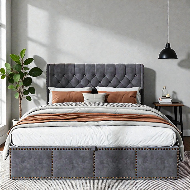 Caddo Velvet Upholstered Bed With Hydraulic Lever, Functional Storage Bed, Rivet Decoration, Grey, Double (4'6)
