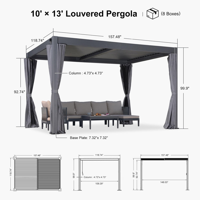 PURPLE LEAF Louvred Pergola with Netting and Curtains, 7.7' H x 10' W x 13' D