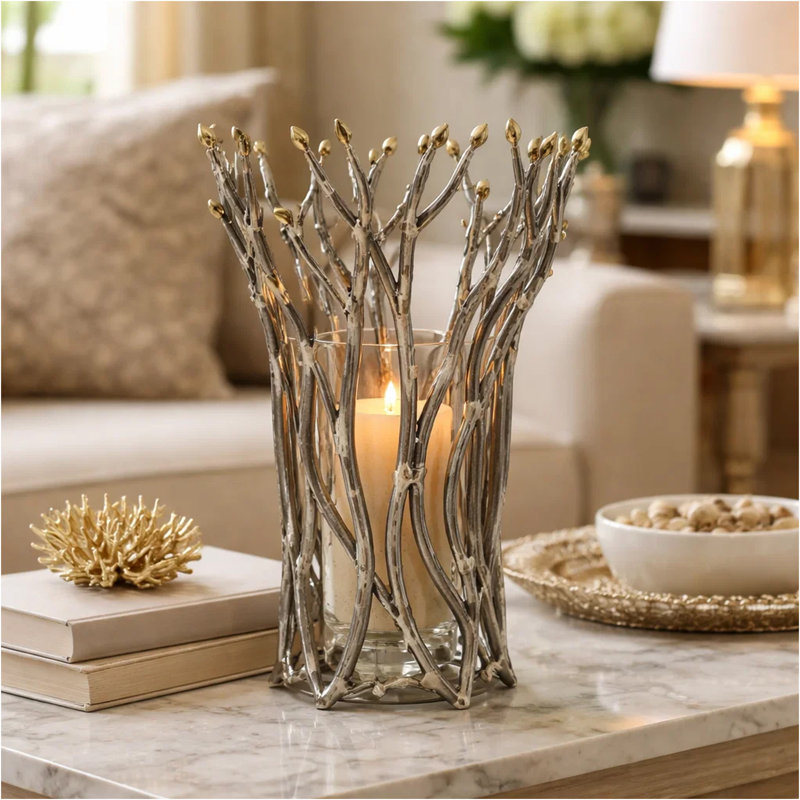 Vase Akira, cadre inspiré de brindilles, verre d'aluminium, argent doré, 14 pouces