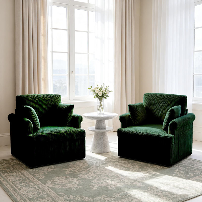 Fauteuil d'appoint pivotant moderne 39 po, grand fauteuil en velours côtelé avec 2 coussins, Green