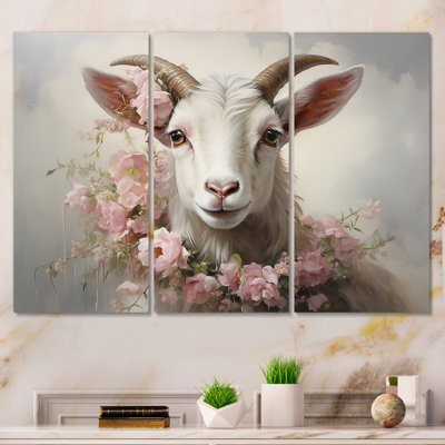 Chèvre blanche avec coller floral rose - art mural animal de chèvre