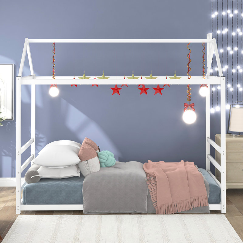 Lit simple avec structure en métal, toit et cheminée - Décorez comme vous le souhaitez, plateforme blanche au design unique, facile à assembler