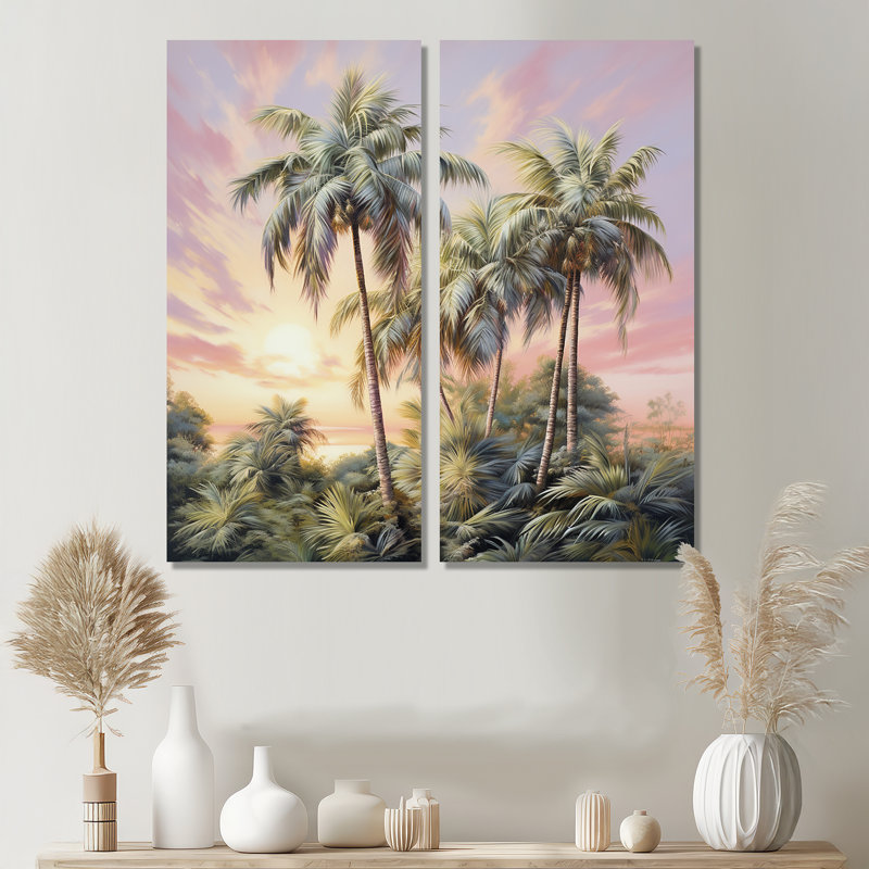 Palmiers, coucher de soleil romantique I - palmiers, reproduction d'art sur toile, H 40 po x l 40 po, Toile tendue