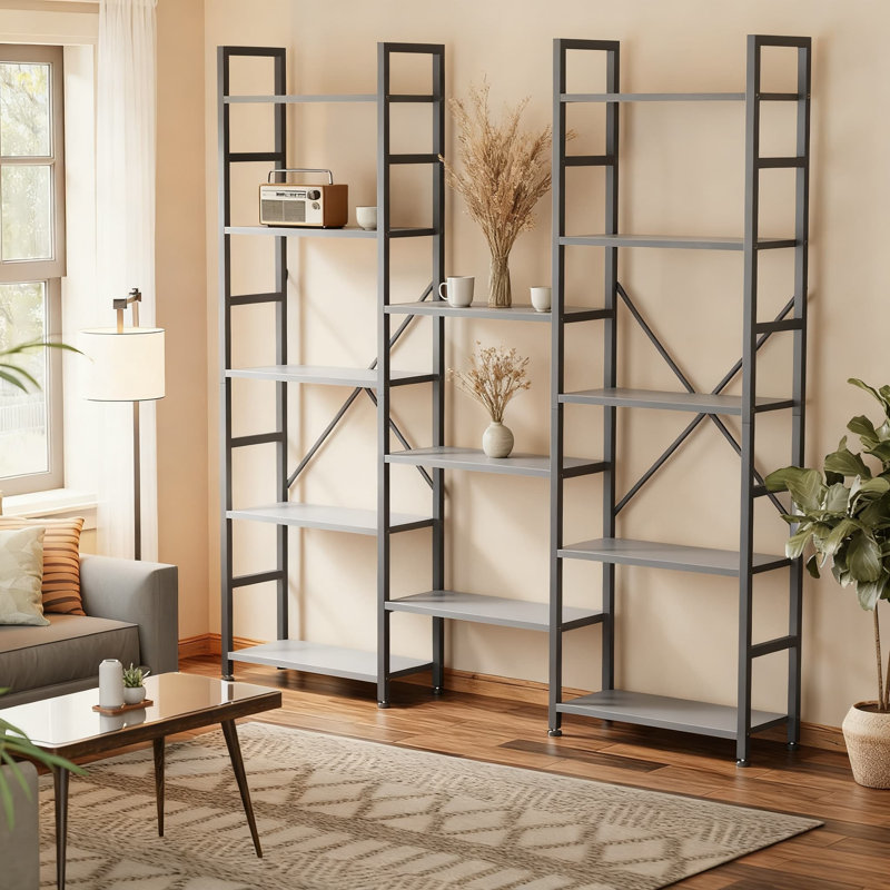 5-Tier Ladder Bookshelf With 14 Adjustable Shelves, Wide Storage Bookcase For Home Office, Durable, Gray