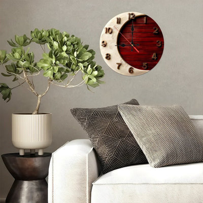 10" Round Wooden Wall Clock, Silent Quartz Movement, UV-Printed Design, Battery Operated