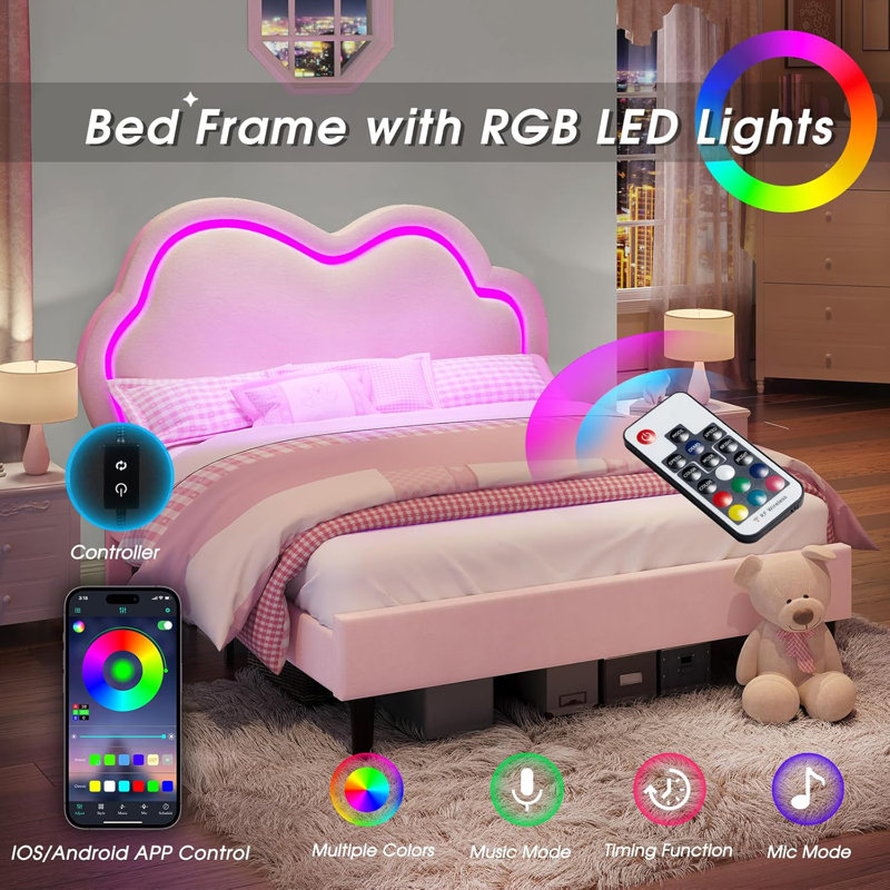 LED Twin Bed Frame with Adjustable Cloud Headboard, Velvet Upholstered Platform Bed, No Box Spring Needed, Easy Assembly, Pink