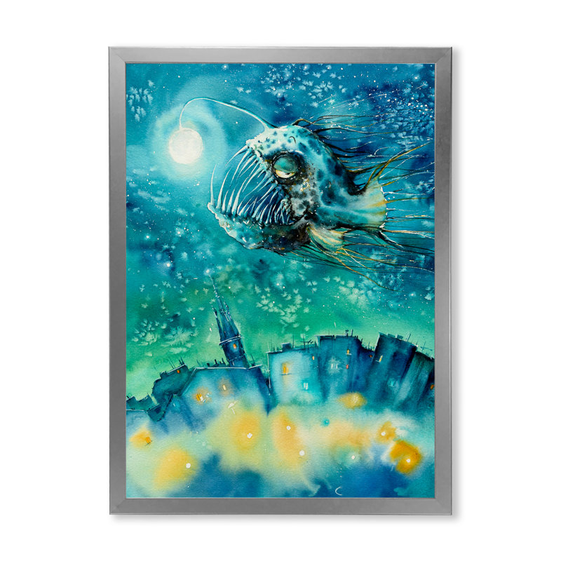 Frightening Sea Creature Angler Fish " Frightening Sea Creature Angler Fish ", Silver Picture Frame, 32" H x 16" W x 1" D