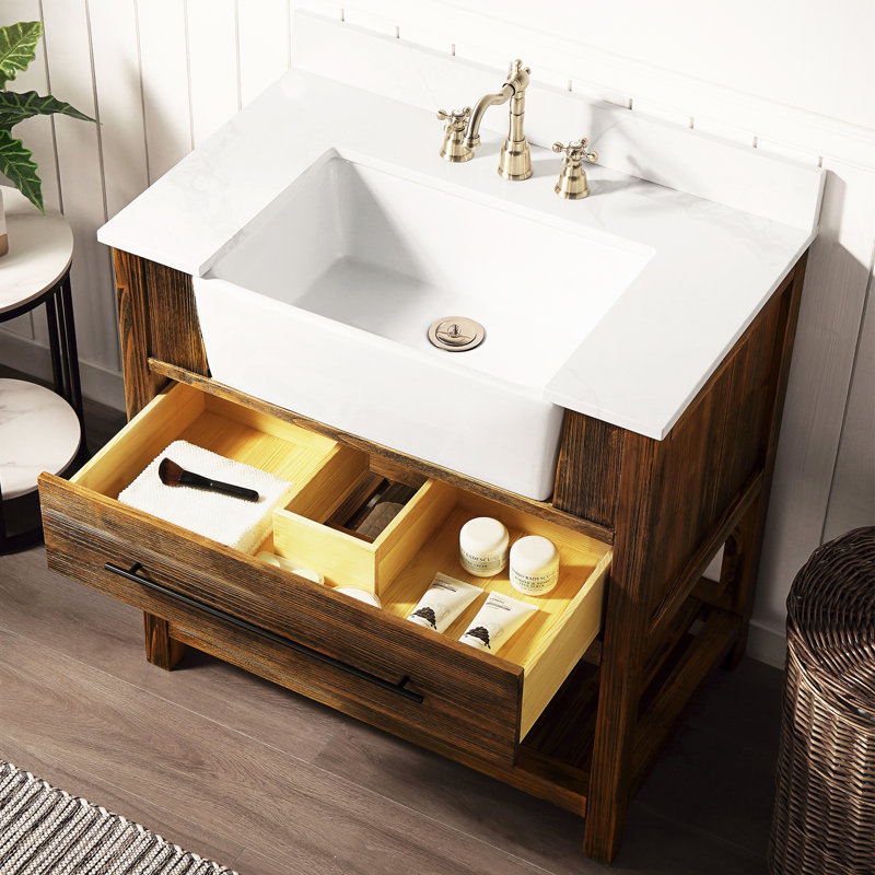 Gurseace 36'' Farmhouse Style Bathroom Single Sink Vanity Set With White Quartz Countertop,Backsplash, Fully Assembled