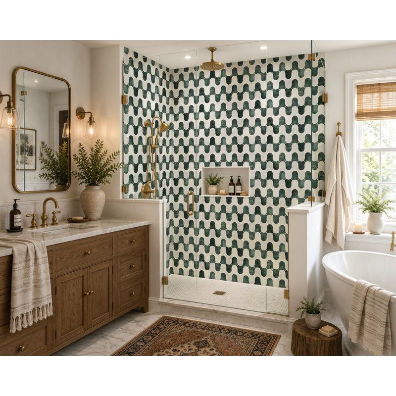 India Green and Carrara White Lily Bell Shape Polished Marble Mosaic Wall & Floor Tile, White/Green