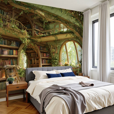 Papier peint adhésif de style bibliothèque de style arbre à fleurs magique avec vues de forêt H 100 po x l 144 po amovible, papier peint amovible, adhésif pour chambre à coucher, bureau, salle de classe